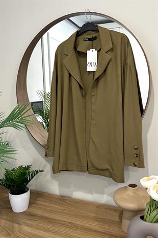 ZR Haki Önü Açık Keten Blazer Ceket