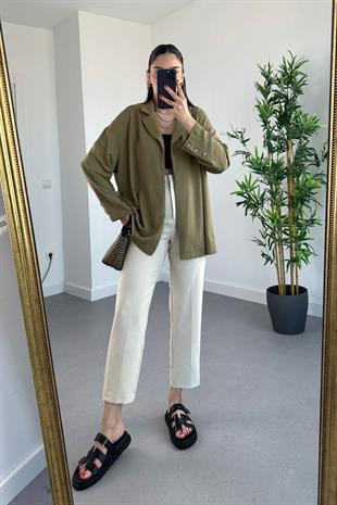 ZR Haki Önü Açık Keten Blazer Ceket