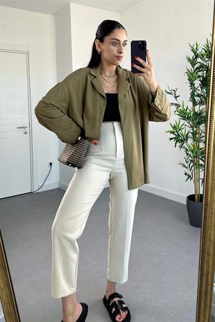 ZR Haki Önü Açık Keten Blazer Ceket