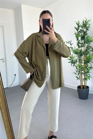 ZR Haki Önü Açık Keten Blazer Ceket