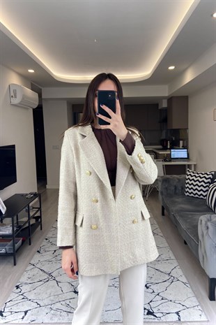 Ekru Gold Düğmeli Tüvit Ceket
