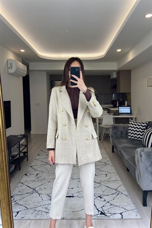 Ekru Gold Düğmeli Tüvit Ceket