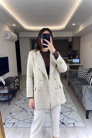 Ekru Gold Düğmeli Tüvit Ceket