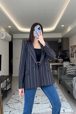 Siyah Çift Düğmeli Maroken Blazer Ceket
