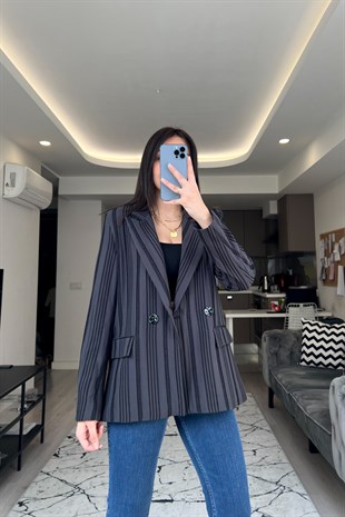 Siyah Çift Düğmeli Maroken Blazer Ceket