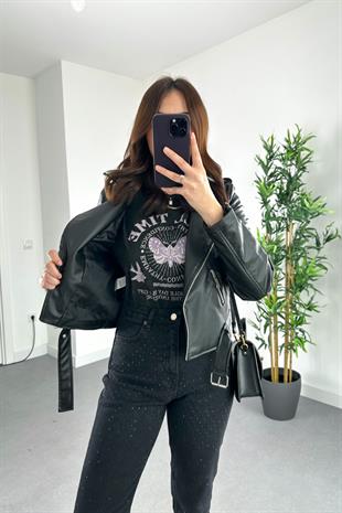 Siyah Fermuar Detaylı Deri Biker Ceket
