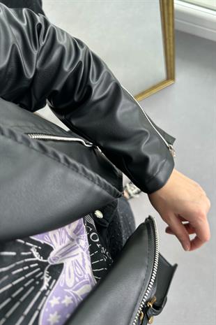Siyah Fermuar Detaylı Deri Biker Ceket