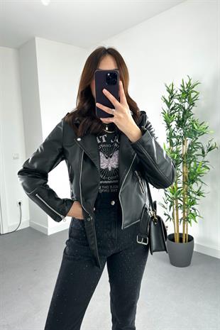 Siyah Fermuar Detaylı Deri Biker Ceket