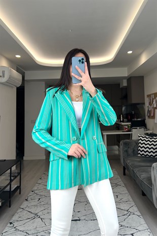 Yeşil Çift Düğmeli Maroken Blazer Ceket