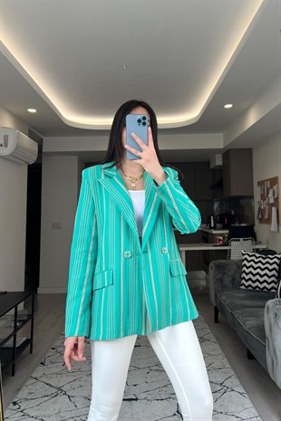 Yeşil Çift Düğmeli Maroken Blazer Ceket