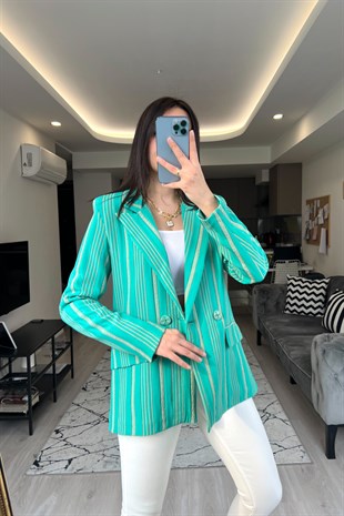 Yeşil Çift Düğmeli Maroken Blazer Ceket