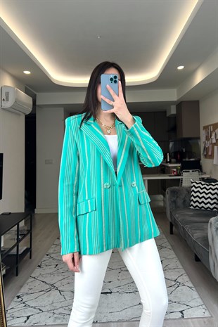 Yeşil Çift Düğmeli Maroken Blazer Ceket