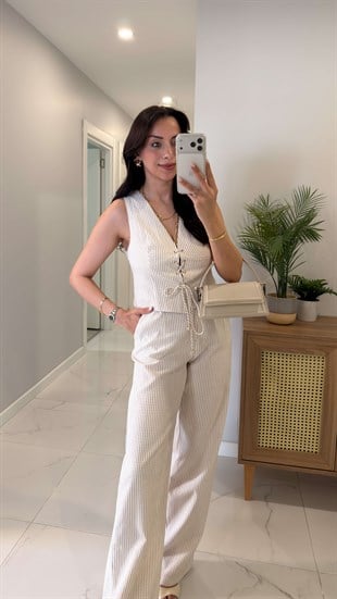 Cesind Ekru Çizgili Yelek Pantolon Takım