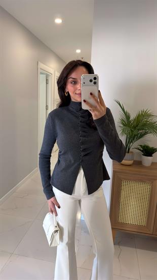 Cessil Antrasit  Kendinden Büzgülü Hırka