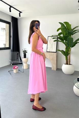 Tinky Şeker Pembe Sıfır Kol Fermuar Detaylı Elbise