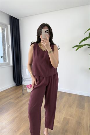Chakra Bordo Bluz Pantolon Tensel Takım