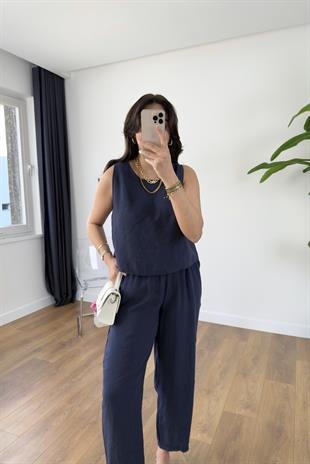 Chakra Lacivert Bluz Pantolon Tensel Takım