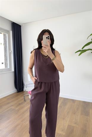 Chakra Mürdüm Bluz Pantolon Tensel Takım