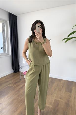 Chakra Olive Bluz Pantolon Tensel Takım