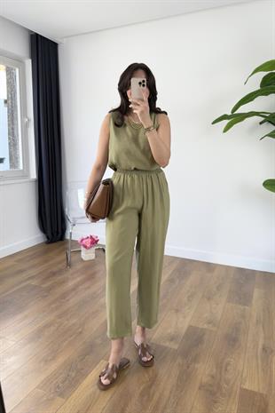Chakra Olive Bluz Pantolon Tensel Takım