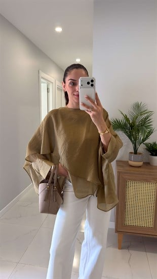 Chessa Olive Uçuşan Pelerin Bluz