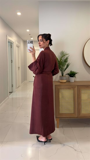 Chisra Kahve Kimono Saten Elbise