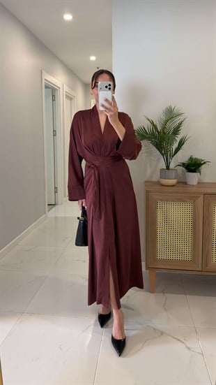 Chisra Kahve Kimono Saten Elbise