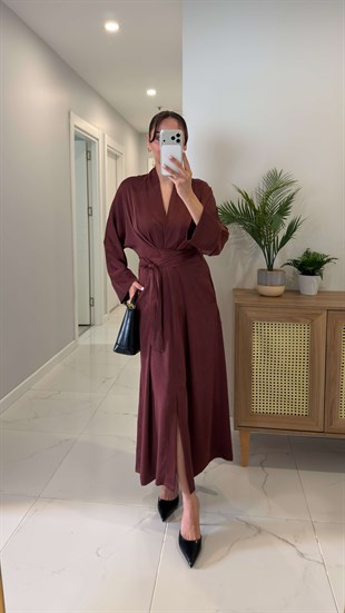 Chisra Kahve Kimono Saten Elbise