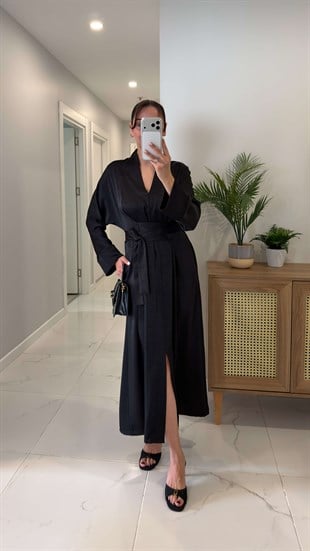 Chisra Siyah Kimono Saten Elbise