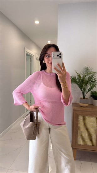 Cholwe Pembe Bisiklet Yaka Örgülü Triko