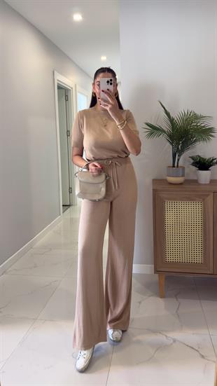 Chone Bej Kısa Kol Triko Pantolon Takım