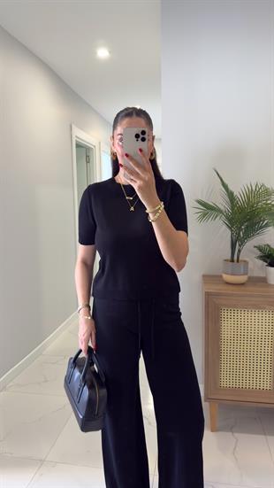 Chone Siyah Kısa Kol Triko Pantolon Takım