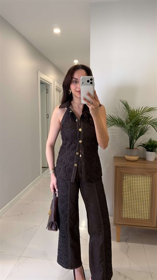 Chorby Kahve Dantel Detaylı Kolsuz Gömlek Pantolon Takım