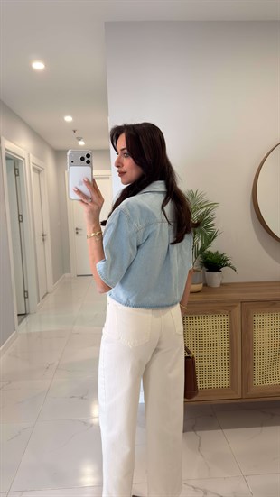 Cistre Buz Mavi Cep Detaylı Crop Denim Gömlek