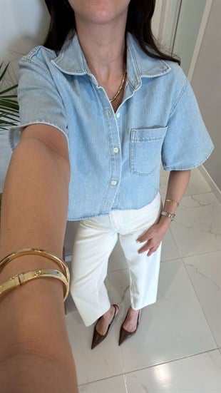 Cistre Buz Mavi Cep Detaylı Crop Denim Gömlek