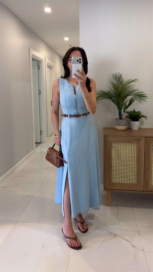 Codret Açık Mavi Vatkalı Kemerli Tensel Denim Elbise