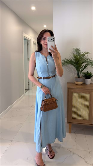 Codret Açık Mavi Vatkalı Kemerli Tensel Denim Elbise