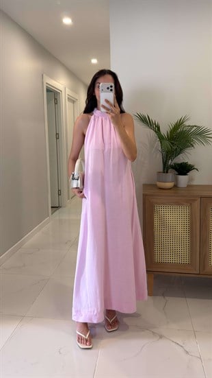 Cokse Pembe Boyundan Bağlamalı Elbise