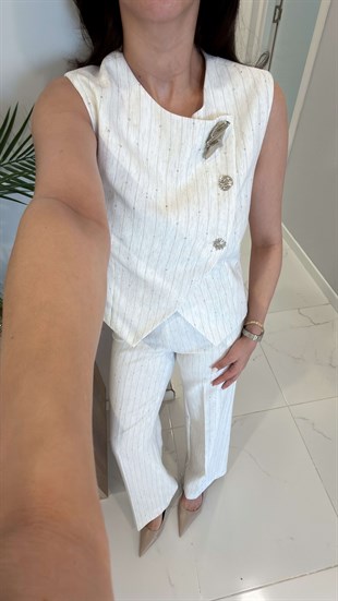 Colin Ekru Düğmeli Pullu Yelek Pantolon Takım