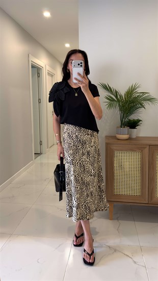 Cons Siyah Leopar Desenli Saten Etek