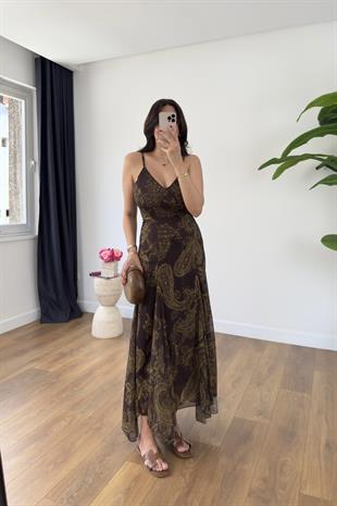Cora Kahve Desenli Gold Işıltılı Astarlı Tül Elbise