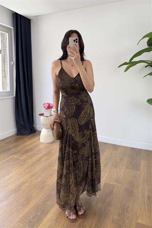 Cora Kahve Desenli Gold Işıltılı Astarlı Tül Elbise