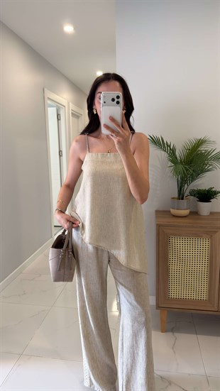 Cors Bej İşleme Detaylı Keten Askılı Bluz Pantolon Takım