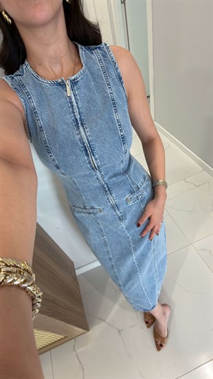 Costersa Mavi Arkası Yırtmaçlı Kolsuz Denim Elbise