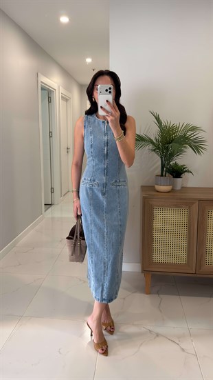 Costersa Mavi Arkası Yırtmaçlı Kolsuz Denim Elbise