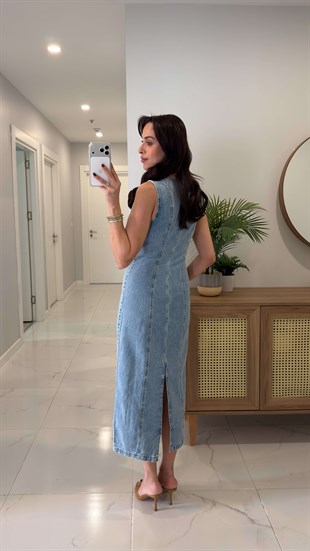 Costersa Mavi Arkası Yırtmaçlı Kolsuz Denim Elbise