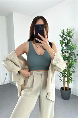 Petrol Mavi Fitilli U Yaka Crop