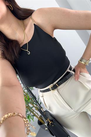 Siyah Zincir Askı Detaylı Bluz