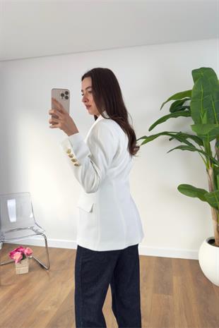 Crystal Beyaz Gold Düğmeli Premıum Blazer Ceket