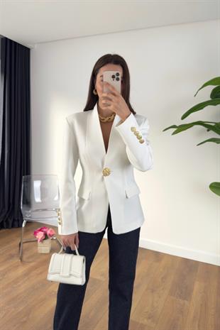 Crystal Beyaz Gold Düğmeli Premıum Blazer Ceket